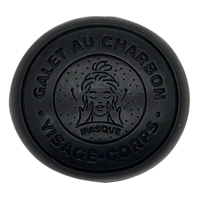 Savon galet rond visage et corps au charbon et au lait d'ânesse et argile blanche